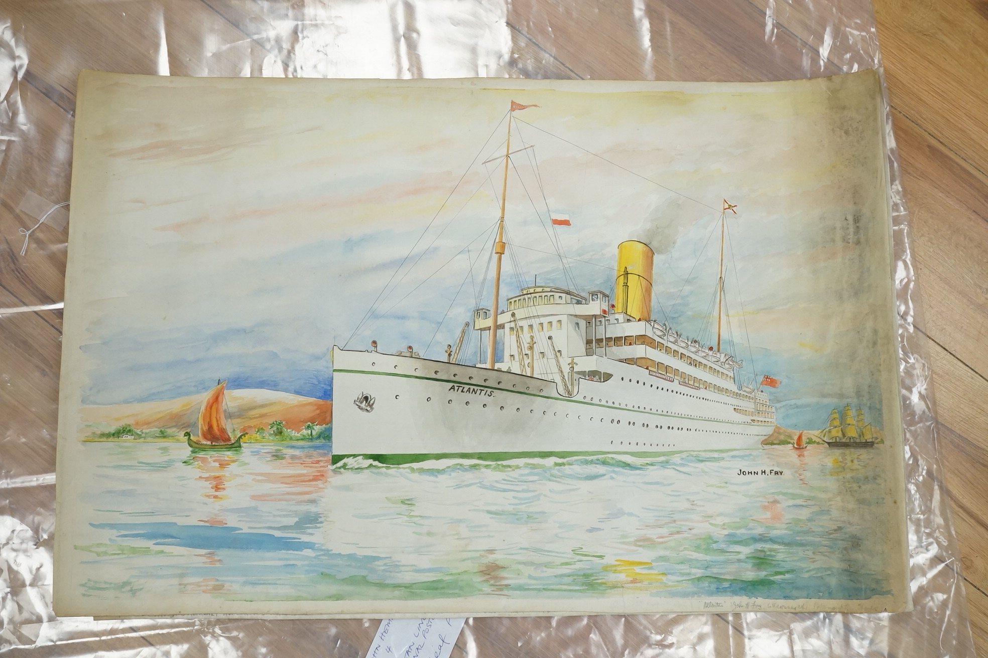 John Harold Fry (British, 1881-1941), set of eight original watercolours for postcard designs, ocean liners to include SS Resolute Hamburg American Line, SS Bremen Norddeutscher Lloyd Line and SS Atlantis Royal Mail Line